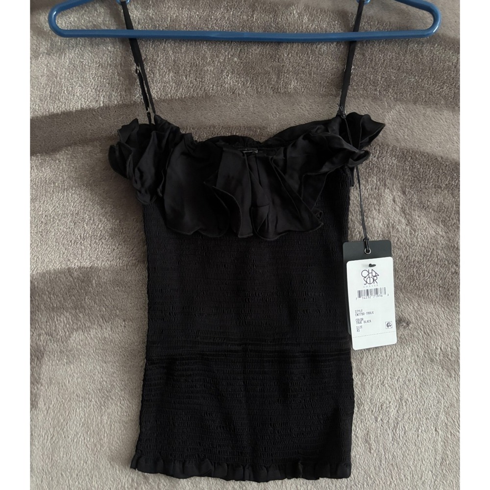 Chaser Smocked Camisole Top Womens XS Black Preppy Spaghetti Straps Ruffle Neck